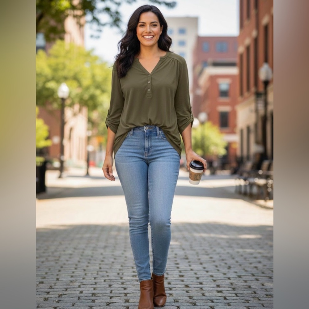 LOFT Outlet Olive Green 3/4 Sleeve Henley Top - Women’s Size Medium